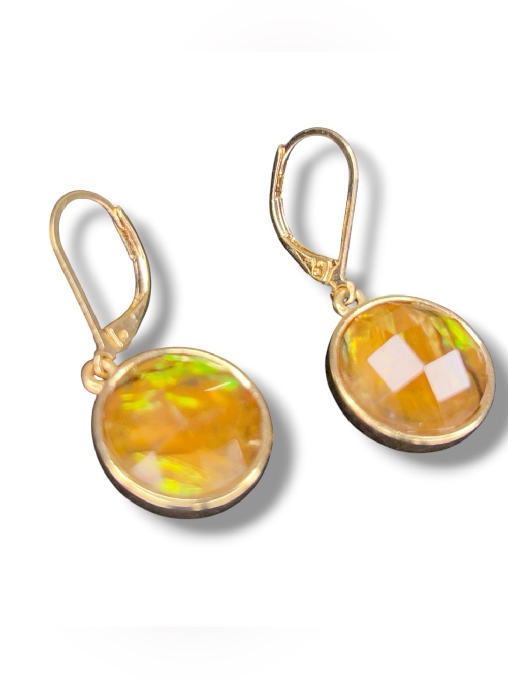 Gold Tone Iridescent Yellow Round Earrings Dangle Style Boho Bohemian